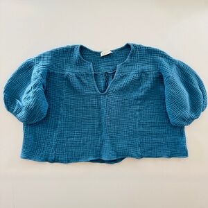 Stark X Blue Cotton Gauze Puff Sleeve Boho Blouse Slouchy Top X-Small